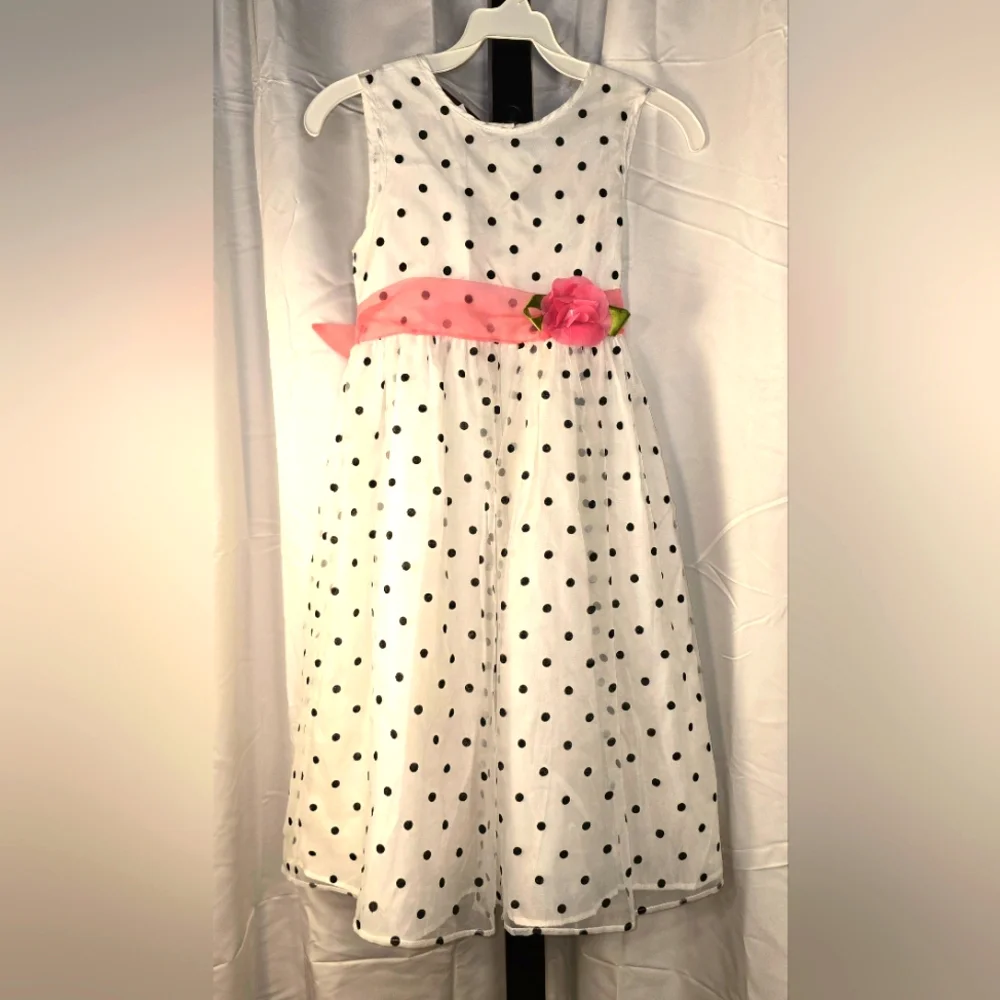 Cute White Polka Dot Kids‎ Spring Or Easter Dress with Pink Sash